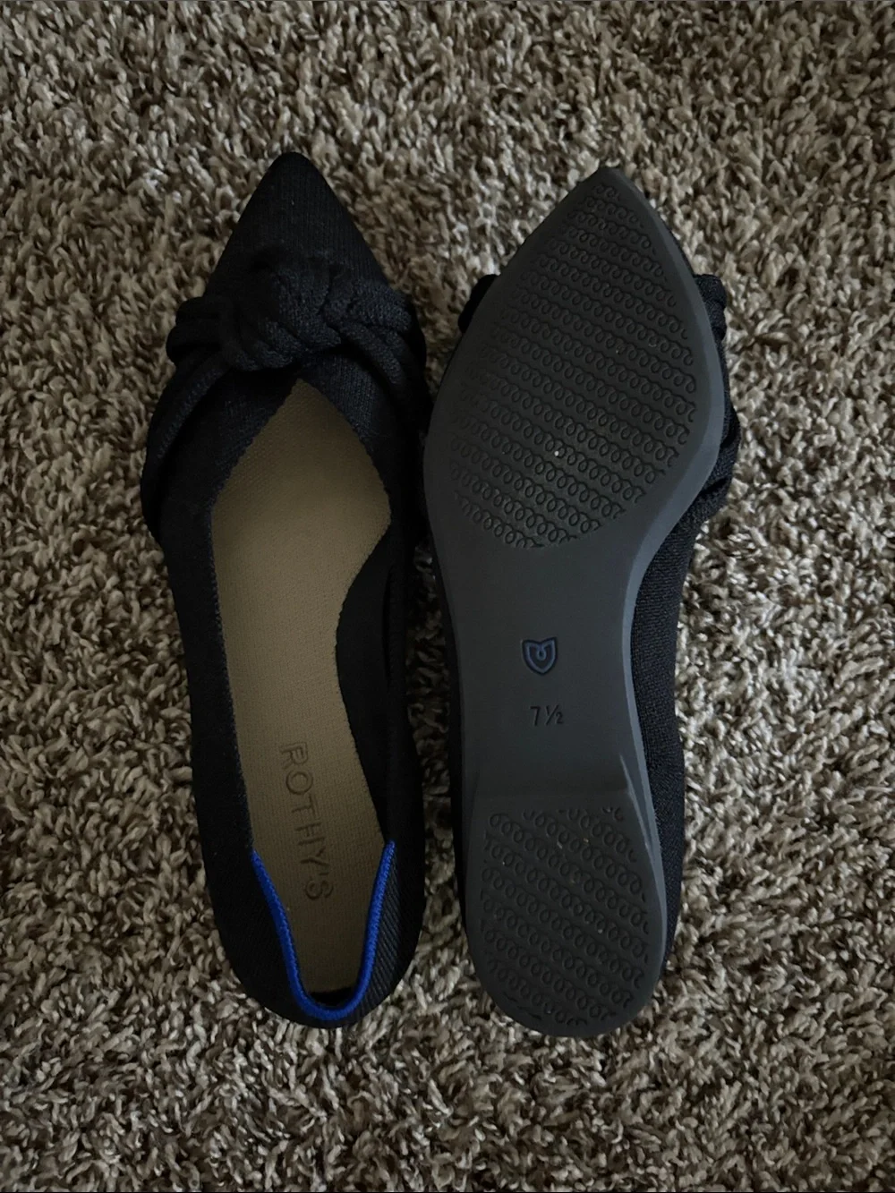 Rothy's Black Pointed Knot Flats with Blue Trim